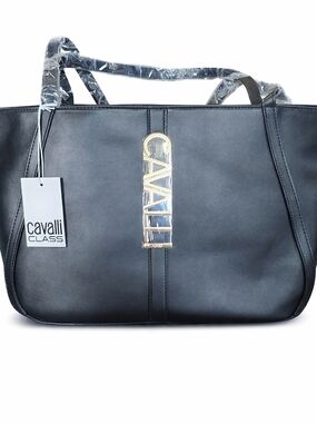 NWT Cavalli Class Big Black Sandra Shopper Tote With Gold Hardware